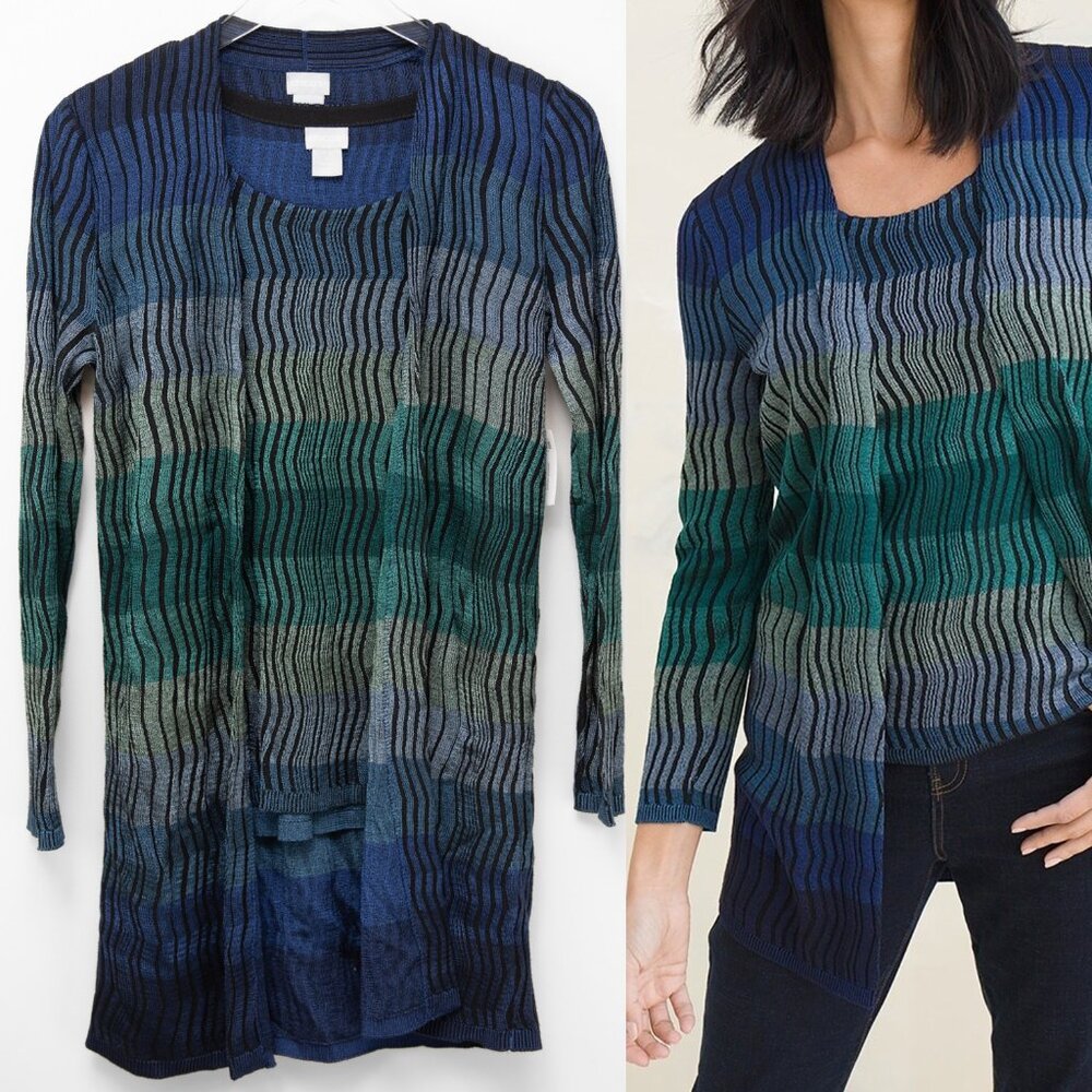 Chico's Striped Cardigan Sweater + Tank Metallic Blue Green Size 0 / Small New